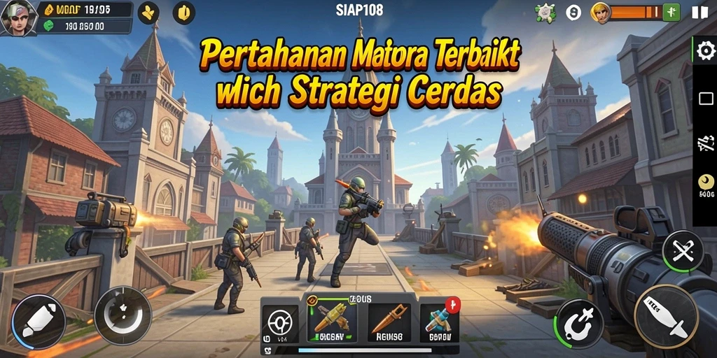 Screenshot gameplay SIAP108 yang menunjukkan menara dan strategi pertahanan.